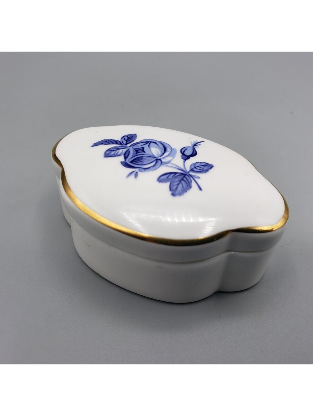 Vintage Fine Bone China Royal Adderley Trinket Box Blue Roses Keepsake Gold